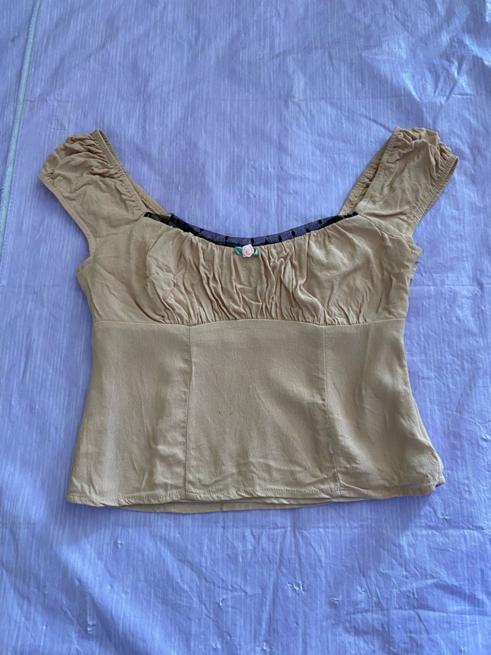 Beige Ruched Rose Appliqué Crop Top
